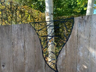 oak fence with a beautiful forged ornament. A Himalayan birch is visible through the fence