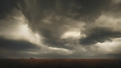 Wall Mural - a supercell storm / thunderstorm with dark clouds far away in the distance on an open farming field