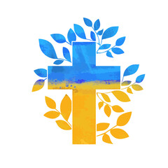 Blue and yellow religious cross with branches. Stop the war in Ukraine. Vector illustration