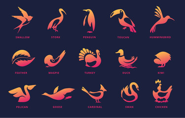 Negative space bird icons. Swan emblem, kiwi silhouette and flying swallow. Different birds symbols vector set