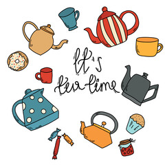 Tea time vector illustration. Hand drawn Illustration with teapots and cups.