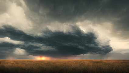 Wall Mural - a supercell storm / thunderstorm with dark clouds and rain far away in the distance on an open farmi