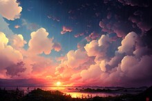 Digital Art Of A Landscape At A Sunset With Pink Clouds In The Blue Sky