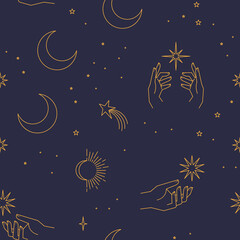 Wall Mural - Seamless pattern with constellations. Sun, moon, magic hands and stars. Mystical esoteric background for design. Astrology magical vector.