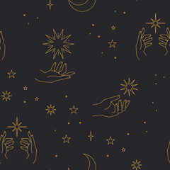 Wall Mural - Seamless pattern with constellations. Sun, moon, magic hands and stars. Mystical esoteric background for design. Astrology magical vector.