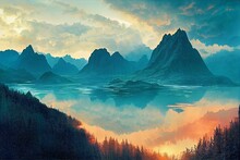 Beautiful Landscape Of Mountains Reflected In The Water Below