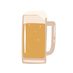 Beer mug, oktoberfest stein, glass mugs with foam, vector german illustration on white background