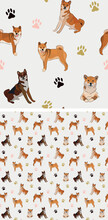 Seamless Shiba Dog Pattern, Holiday Texture. Square Format, T-shirt, Poster, Packaging, Textile, Socks, Textile, Fabric, Decoration, Wrapping Paper. Trendy Hand-drawn Shiba Inu Dog Wallpaper.