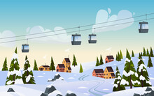 Ski Resort Scenery With Cableway Or Cable Railway.