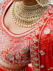 Wall Mural - Close up of woman`s decollete with gold necklace with precious stone, dressed in indian red dress