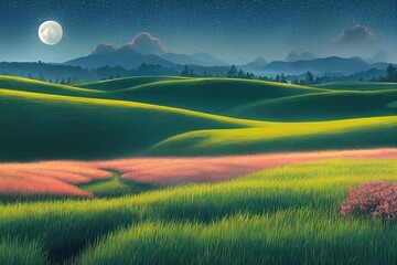 Poster - Green grass in a meadow with hills on the horizon at night with a full moon and stars in a dark sky 3d illustration