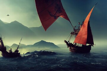 Poster - A ship with scarlet sails in the sea, an old wooden boat broken on the rocks sways nearby on the waves under a blue sky 3d illustration