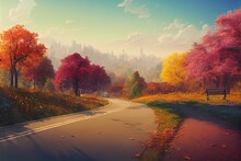 Autumn Forest Landscape With Car Road, Wooden Bench And Blue Sky With White Clouds 3d Illustration