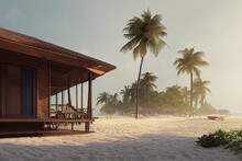 Bungalow On A Tropical Sandy Sea Beach With Palm Trees Under The Bright Summer Sun 3d Illustration