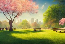 City Park With Wooden Benches For Relaxing On The Green Grass Under The Spreading Crowns Of Trees 3d Illustration