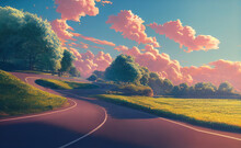 Road In The Middle Of A Green Field Under A Bright Sun Shining In A Blue Sky With Fluffy Clouds 3d Illustration