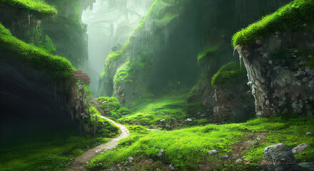 Poster - Tunnel between mountains covered with greenery, bushes under a blue sky 3d illustration