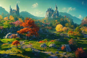 Wall Mural - Old castles in a mountainous autumn valley with towers, orange grass, leaves on trees and rocks on the horizon 3d illustration