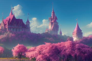 Poster - Pink castle among the trees with a pink fluffy crown under a blue sky with fluffy clouds 3d illustration