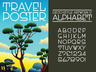 A pair of graphic resources for creating in the style of Art Deco era Travel Posters, including an illustration with heavily stylized trees and sky, and a vector alphabet in a retro style.