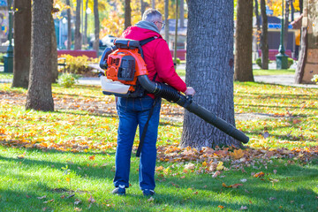 Wall Mural - Working in the Park removes leaves with a blower. Park cleaning service. Removing fallen leaves in autumn.