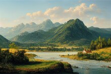 Summer Landscape. With A River And Mountains In The Background.