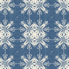 Sticker - Farmhouse blue snow flake pattern background. Frosty batik damask french effect seamless backdrop. Festive cold holiday season wall paper tile. 