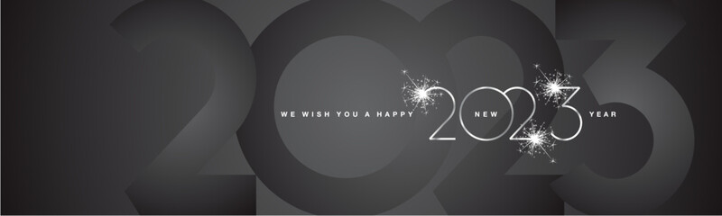 Wall Mural - We wish You Happy New Year 2023 modern design silver shining light typography sparkle fireworks with 2023 shadow numbers black banner