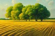 sunlit wheat field near the river and trees, oil painting, fine art, rural, water, beautiful, summer, sky, green, tree, landscape, nature