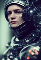 Wall Mural - A fictional person, not based on a real person. Portrait of an fictional astronaut in a spacesuit. High-tech astronaut from the future. The concept of space travel. . Generative AI