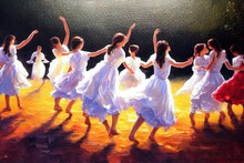 Oil painting Tu b'Av, the Jewish festival of love, beautiful art young girls dancing in white dresses in the vineyard Religious painting paint. Modern Impressionism. Acrylic artwork.