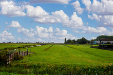 A Rural Netherland's Landscape With Green Fields And Meadow As Far As The Eye Can See. 