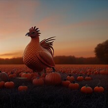3D Rendered Chicken Standing In A Grassland Full Of Pumpkins On A Blurred Background Of Fall Trees
