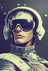 Wall Mural - A fictional person, not based on a real person. Portrait of an fictional astronaut in a spacesuit. High-tech astronaut from the future. The concept of space travel. . Generative AI