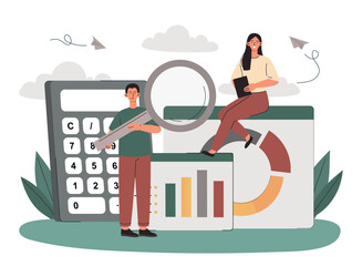 Poster - audit data concept. man and woman analyze graphs and diagrams. work with statistics, information and