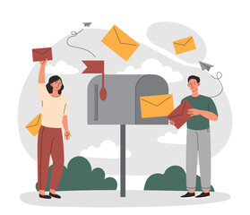 Poster - email marketing concept. man and woman receive letters. business correspondence, special offer for p