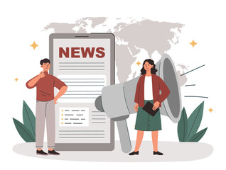 Poster - online news concept. man and woman with loudspeaker and document. mass media, knowledge and informat