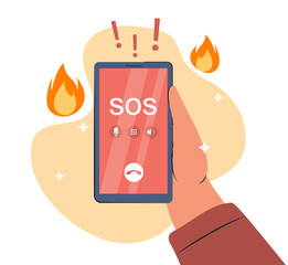 Poster - emergency call concept. character holding smartphone with inscription sos and urgent help. poster or