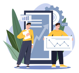 Poster - business team concept. men analyze graphs and charts. work with statistics, evaluation of informatio