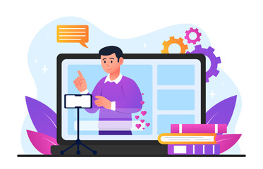 Poster - video streaming concept. man leads lecture online, distance education and training. popular blogger 