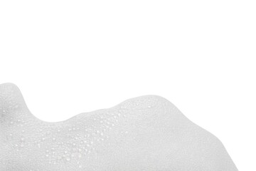 Fluffy soap foam on white background, top view