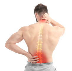 Poster - Man suffering from back and neck pain on white background