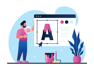Poster - Concept of rebranding. Man develops design elements for website, creates interface for programs and applications. Graphic designer and freelancer, remote worker. Cartoon flat vector illustration