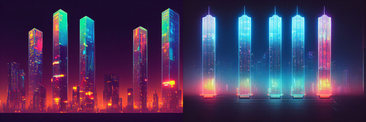 Wall Mural - CYberpunk laser like skyscrapers, background with colorful lights, neon lights, abstract