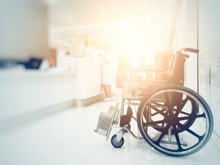 close up of wheelchair with hospital blurred background.