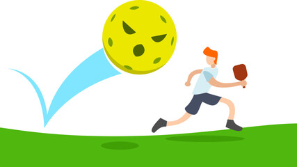 Funny editable vector pickleball ball cartoon character chasing male player