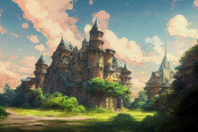 A Fantasy Castle On A Bright Sunny Day. RPG Environment 