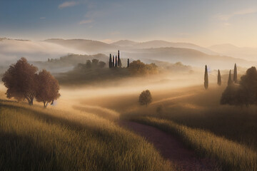 A illustration of beautiful virgin forest during foggy morning