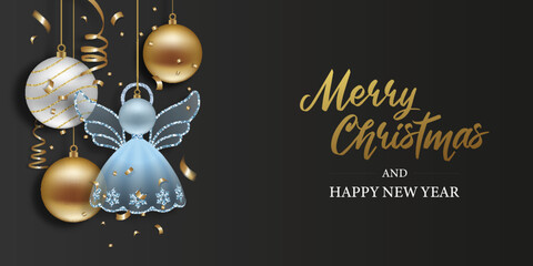 Christmas banner with christmas decorations, streamers and confetti. christmas greeting card with angel shaped decoration