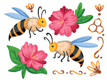Illustration Of Bee Animal Insect. Two Bees And Two Pink Flowers With Harmonic Pleasing Colours. Flying Insect With Flat Art Style Vector Illustration Drawing On White Background.